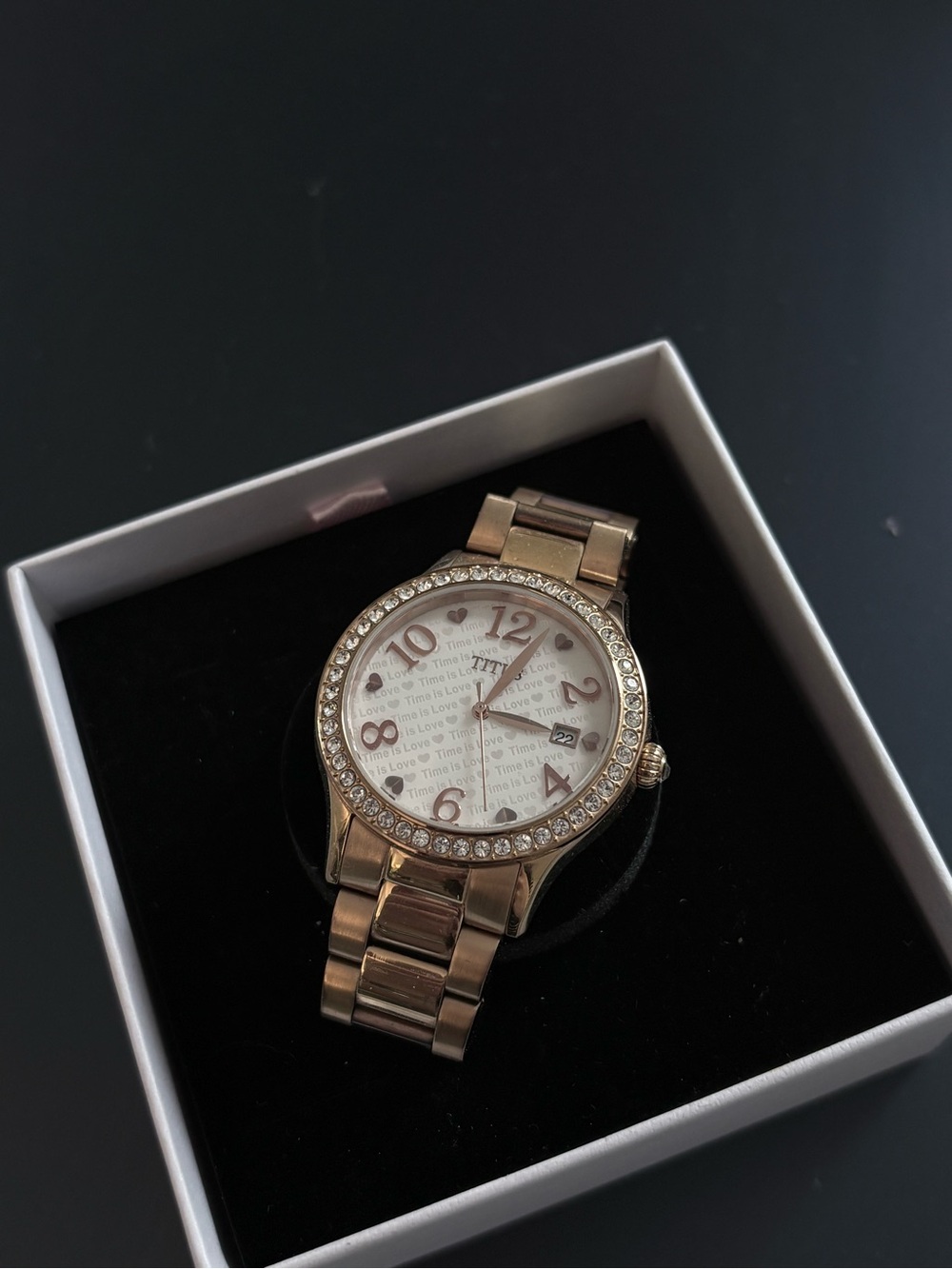 Women's Rose Gold Crystal Accent Watch with Love Motif